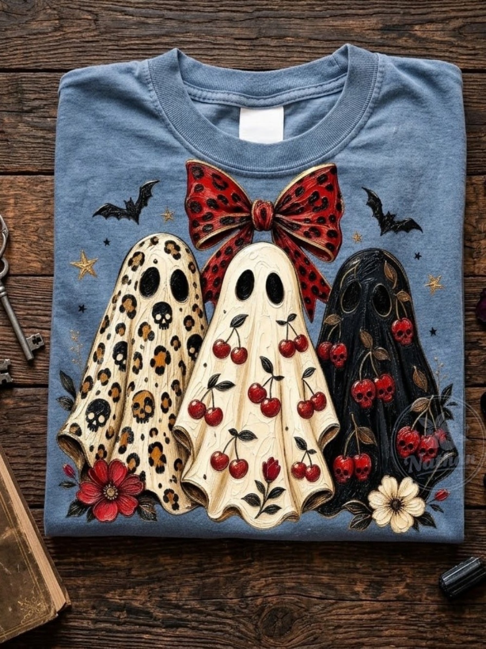 Comfort Colors Blue Jean Short Sleeve Tee with Cherry & Leopard Ghost Trio